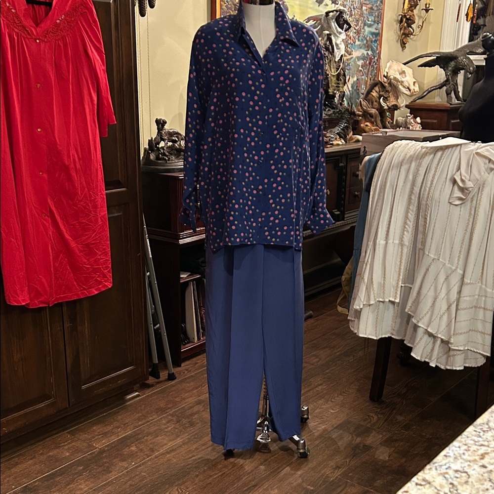 Vintage America Perry Ellis Sz L 100% Silk Blue Polka Dot Blouse and Pants Set